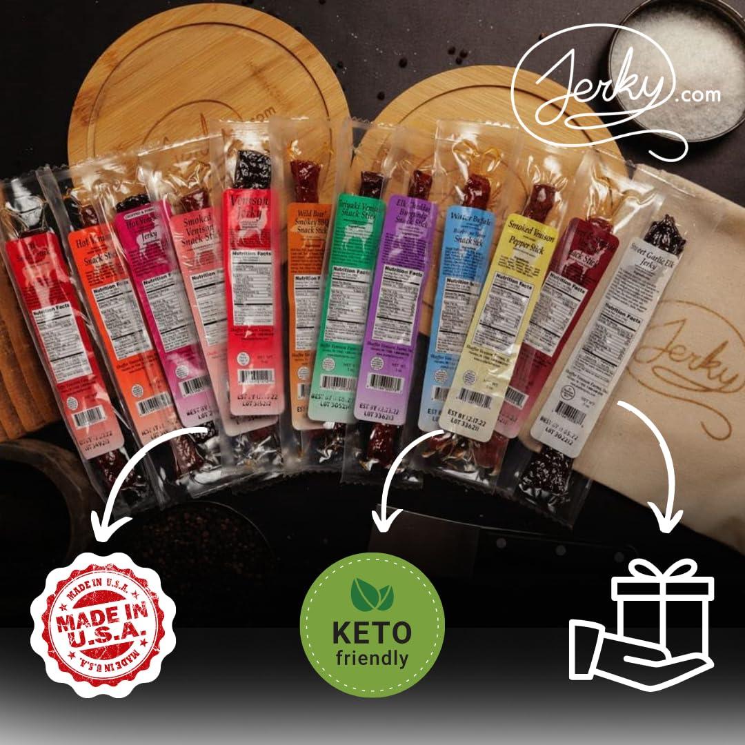 image:image12 Piece Exotic Jerky Variety Pack Great Gift Idea and Unique Flavors REAL Venison Jerky Elk Jerky Buffalo Jerky Wild Boar Jerky Exotic Meat Snacks Variety Pack 12 total oz