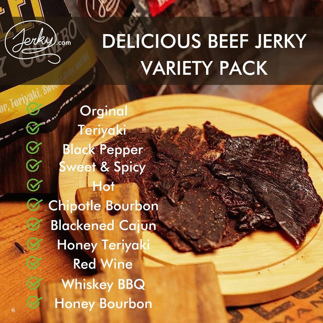 image:imageJerkycom Beef Jerky Combo Featuring Flavors Hot Teriyaki Original Sweet amp Spicy Black Pepper Gourmet Snack Gift for Men 5 Flavors 25 oz bagsBeef Jerky Sampler 11 Flavors 1 oz bags