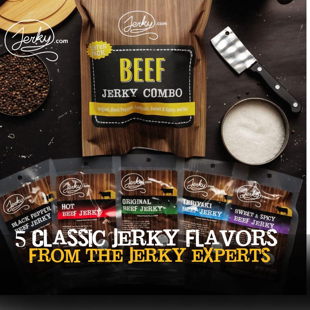 image:imageJerkycom Beef Jerky Combo Featuring Flavors Hot Teriyaki Original Sweet amp Spicy Black Pepper Gourmet Snack Gift for Men 5 Flavors 25 oz bagsBeef Jerky Sampler 5 Flavors 1 oz bags