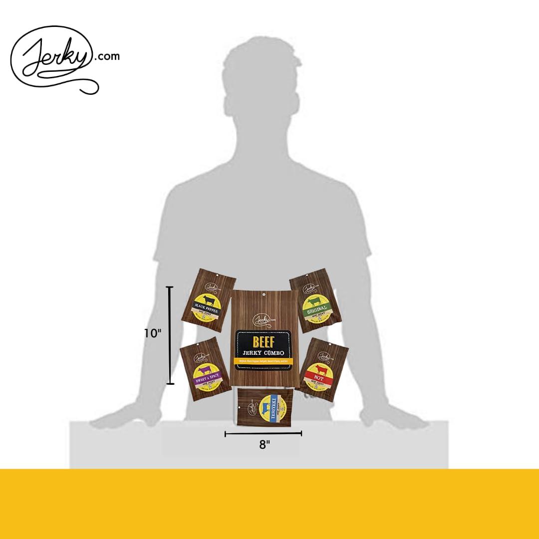 image:imageJerkycom Beef Jerky Combo Featuring Flavors Hot Teriyaki Original Sweet amp Spicy Black Pepper Gourmet Snack Gift for Men 5 Flavors 25 oz bagsBeef Jerky Sampler 5 Flavors 1 oz bags