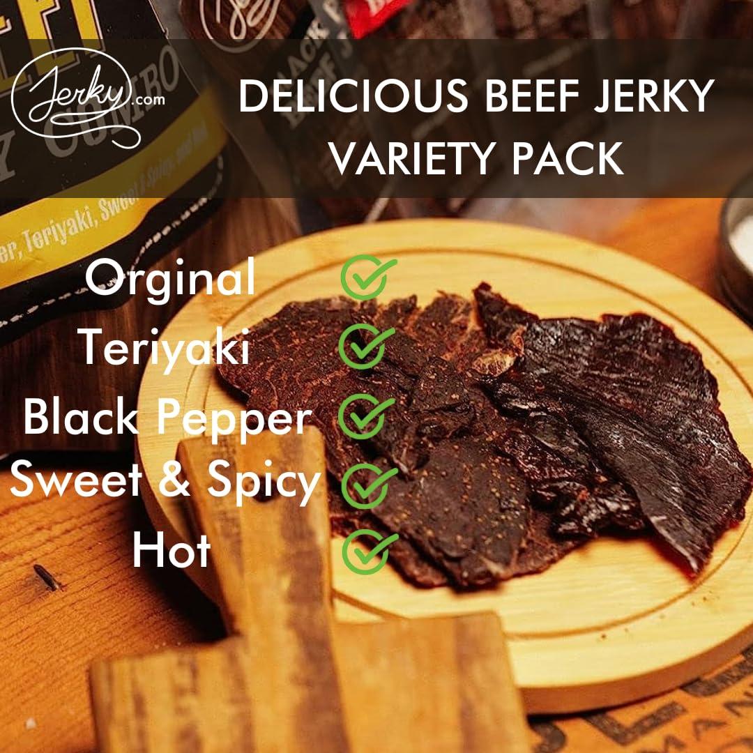 image:imageJerkycom Beef Jerky Combo Featuring Flavors Hot Teriyaki Original Sweet amp Spicy Black Pepper Gourmet Snack Gift for Men 5 Flavors 25 oz bagsBeef Jerky Sampler 5 Flavors 1 oz bags