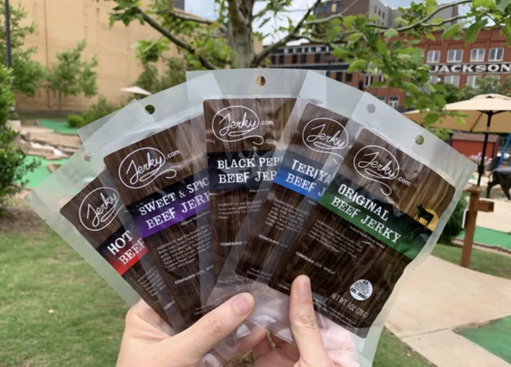 image:imageJerkycom Beef Jerky Combo Featuring Flavors Hot Teriyaki Original Sweet amp Spicy Black Pepper Gourmet Snack Gift for Men 5 Flavors 25 oz bagsBeef Jerky Sampler 5 Flavors 1 oz bags