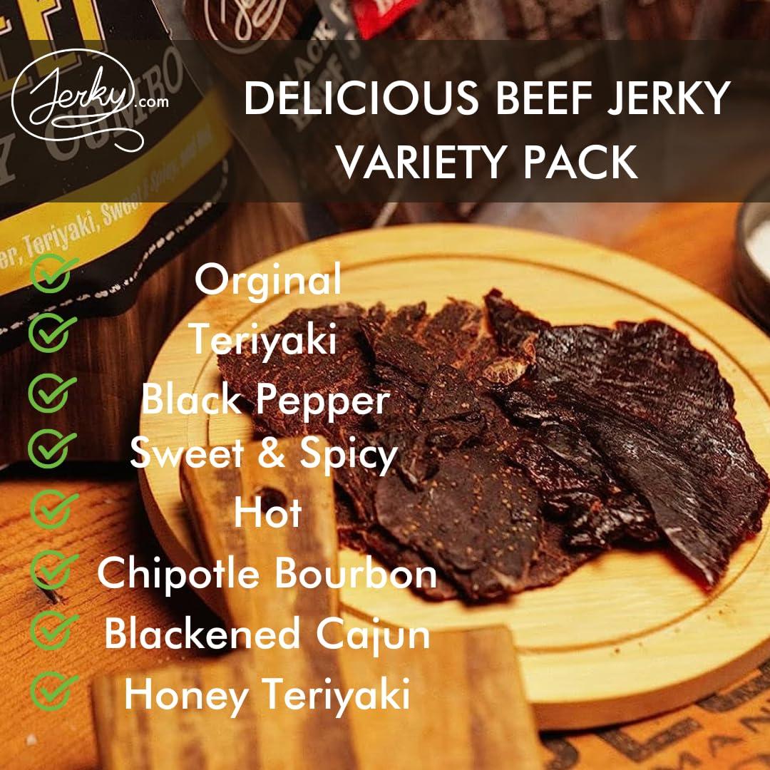 image:imageJerkycom Beef Jerky Combo Featuring Flavors Hot Teriyaki Original Sweet amp Spicy Black Pepper Gourmet Snack Gift for Men 5 Flavors 25 oz bagsBeef Jerky Sampler 8 Flavors 1 oz bags