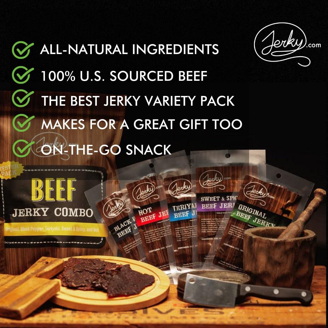image:imageJerkycom Beef Jerky Combo Featuring Flavors Hot Teriyaki Original Sweet amp Spicy Black Pepper Gourmet Snack Gift for Men 5 Flavors 25 oz bagsBeef Jerky Sampler 5 Flavors 1 oz bags