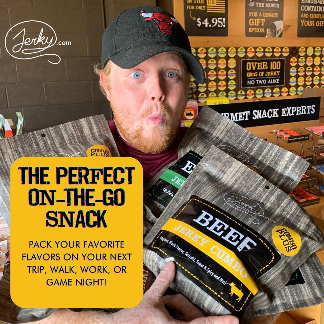 image:imageJerkycom Beef Jerky Combo Featuring Flavors Hot Teriyaki Original Sweet amp Spicy Black Pepper Gourmet Snack Gift for Men 5 Flavors 25 oz bagsHot Jerky Sampler 4 Flavors 1 oz bags