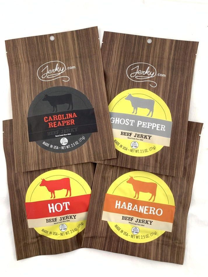 image:imageJerkycom Beef Jerky Combo Featuring Flavors Hot Teriyaki Original Sweet amp Spicy Black Pepper Gourmet Snack Gift for Men 5 Flavors 25 oz bagsHot Jerky Combo 4 Flavors 25 oz bags