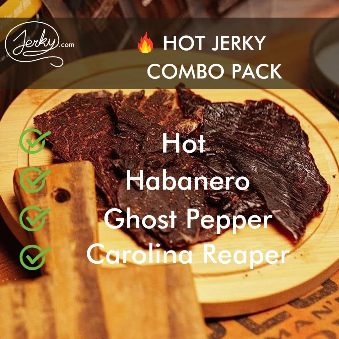 image:imageJerkycom Beef Jerky Combo Featuring Flavors Hot Teriyaki Original Sweet amp Spicy Black Pepper Gourmet Snack Gift for Men 5 Flavors 25 oz bagsHot Jerky Combo 4 Flavors 25 oz bags