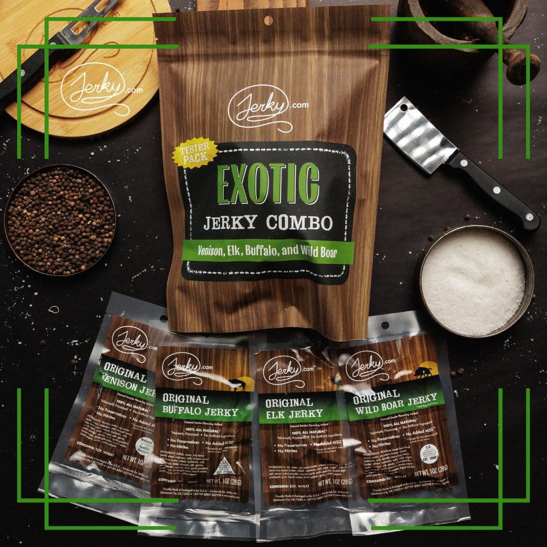 image:imageJerkycom Exotic Jerky Variety Pack 4pc Wild Game Snacks Sampler with Venison Elk Buffalo amp Wild Boar High Protein Keto Exotic Jerky Gifts for Men Gifts for Men amp HuntersExotic Jerky Tester Pack 1 oz bags