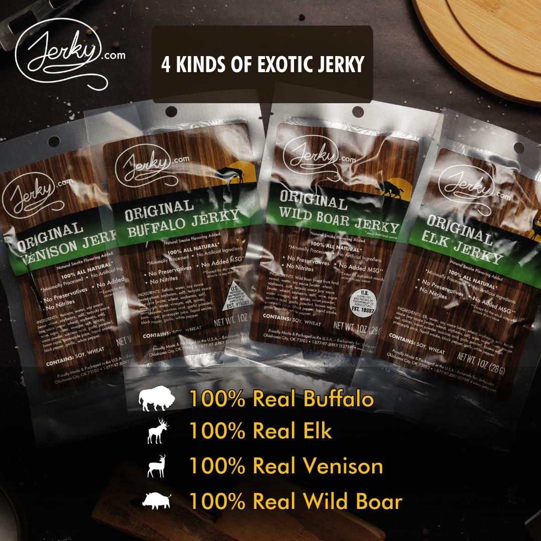 image:imageJerkycom Exotic Jerky Variety Pack 4pc Wild Game Snacks Sampler with Venison Elk Buffalo amp Wild Boar High Protein Keto Exotic Jerky Gifts for Men Gifts for Men amp HuntersExotic Jerky Combo 175 oz bags