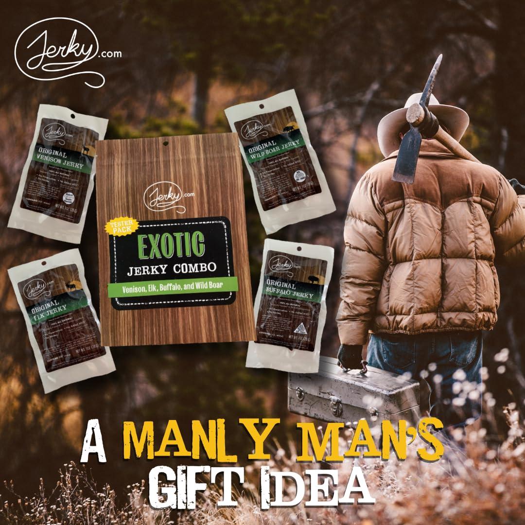 image:imageJerkycom Exotic Jerky Variety Pack 4pc Wild Game Snacks Sampler with Venison Elk Buffalo amp Wild Boar High Protein Keto Exotic Jerky Gifts for Men Gifts for Men amp HuntersExotic Jerky Tester Pack 1 oz bags