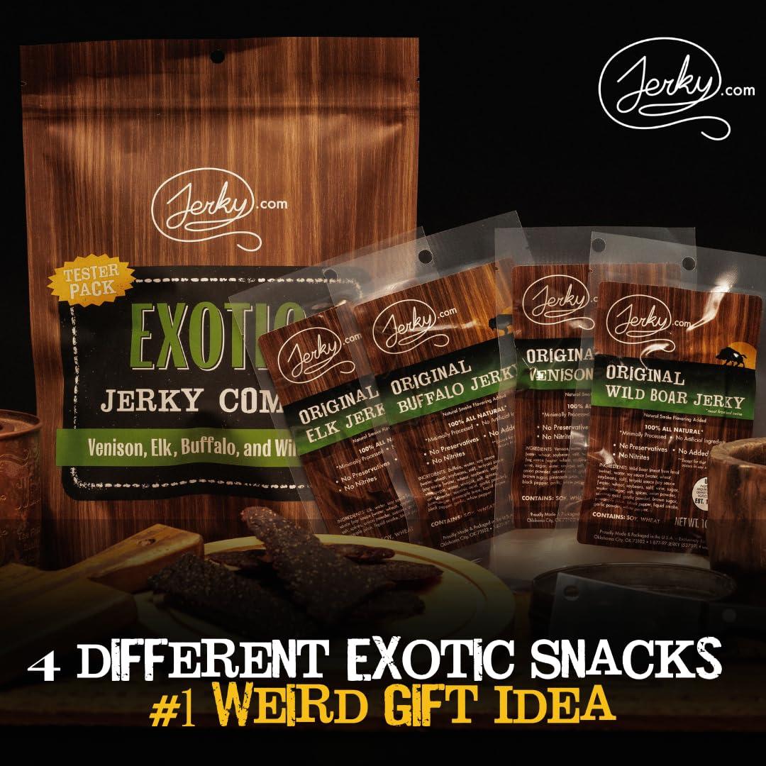 image:imageJerkycom Exotic Jerky Variety Pack 4pc Wild Game Snacks Sampler with Venison Elk Buffalo amp Wild Boar High Protein Keto Exotic Jerky Gifts for Men Gifts for Men amp HuntersExotic Jerky Tester Pack 1 oz bags