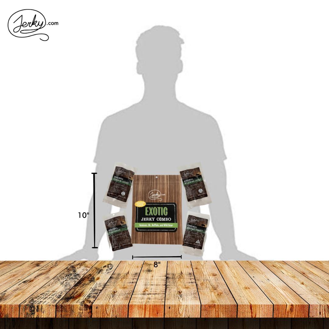 image:imageJerkycom Exotic Jerky Variety Pack 4pc Wild Game Snacks Sampler with Venison Elk Buffalo amp Wild Boar High Protein Keto Exotic Jerky Gifts for Men Gifts for Men amp HuntersExotic Jerky Tester Pack 1 oz bags