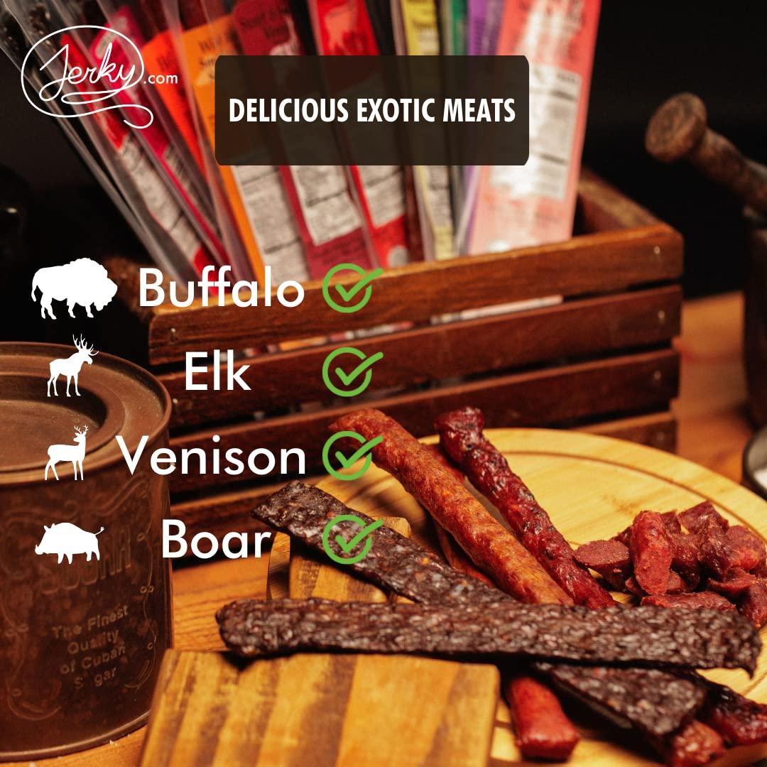 image:imageJerkycom Exotic Meat Sticks Gift Bag Wild Game Jerky Sampler with Venison Elk amp Wild Boar 12pc High Protein Jerky Gift basket Unique Birthday Gifts for Men12 Piece Gift Bag
