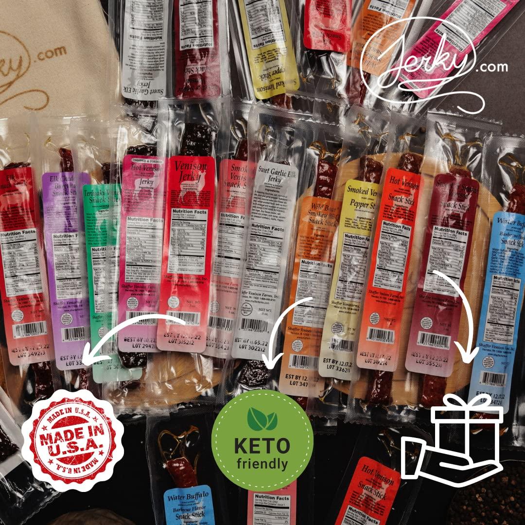 image:imageJerkycom Exotic Meat Sticks Gift Bag Wild Game Jerky Sampler with Venison Elk amp Wild Boar 12pc High Protein Jerky Gift basket Unique Birthday Gifts for Men24 Piece Gift Bag