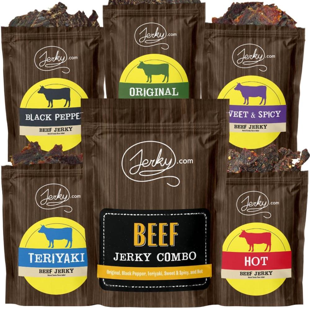 image:imageJerkycom Beef Jerky Combo Featuring Flavors Hot Teriyaki Original Sweet amp Spicy Black Pepper Gourmet Snack Gift for Men 5 Flavors 25 oz bagsBeef Jerky Combo 5 Flavors 25 oz bags