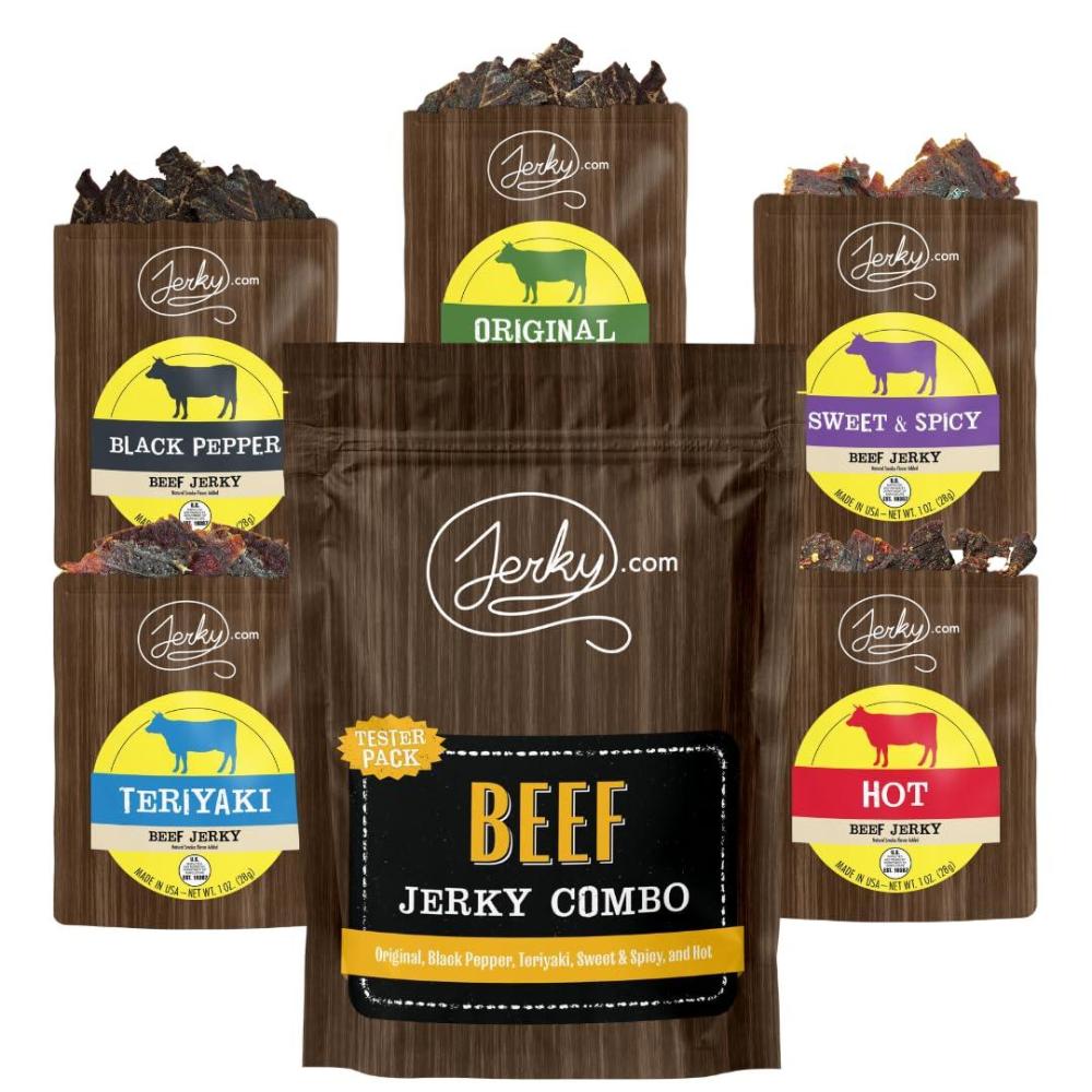 image:imageJerkycom Beef Jerky Combo Featuring Flavors Hot Teriyaki Original Sweet amp Spicy Black Pepper Gourmet Snack Gift for Men 5 Flavors 25 oz bagsBeef Jerky Sampler 5 Flavors 1 oz bags