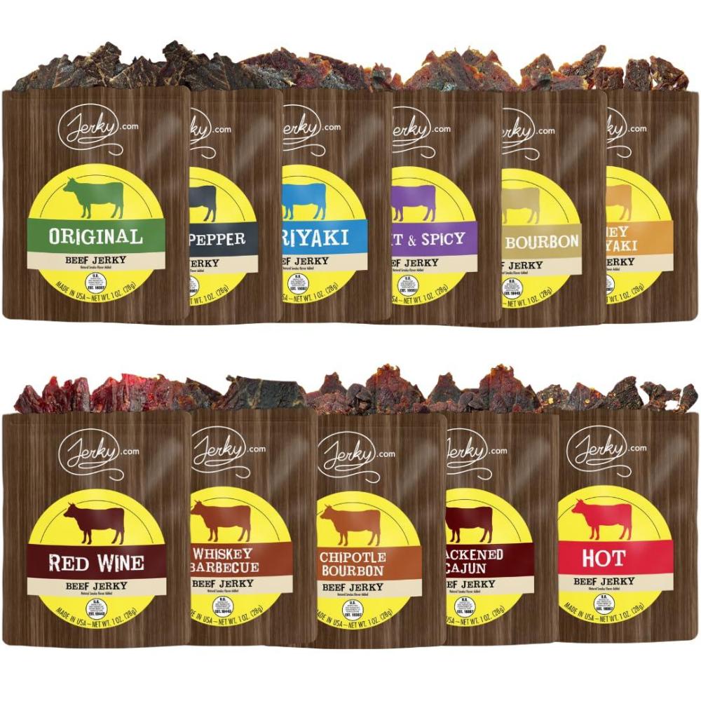 image:imageJerkycom Beef Jerky Combo Featuring Flavors Hot Teriyaki Original Sweet amp Spicy Black Pepper Gourmet Snack Gift for Men 5 Flavors 25 oz bagsBeef Jerky Sampler 11 Flavors 1 oz bags
