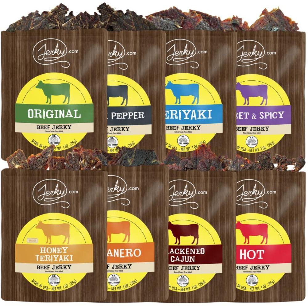 image:imageJerkycom Beef Jerky Combo Featuring Flavors Hot Teriyaki Original Sweet amp Spicy Black Pepper Gourmet Snack Gift for Men 5 Flavors 25 oz bagsBeef Jerky Sampler 8 Flavors 1 oz bags