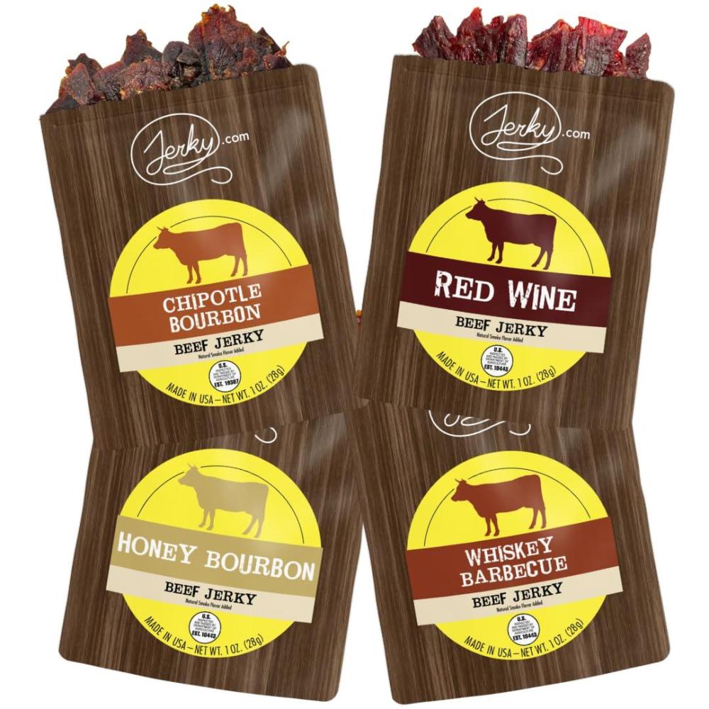 image:imageJerkycom Beef Jerky Combo Featuring Flavors Hot Teriyaki Original Sweet amp Spicy Black Pepper Gourmet Snack Gift for Men 5 Flavors 25 oz bagsBooze Jerky Sampler 4 Flavors 1 oz bags