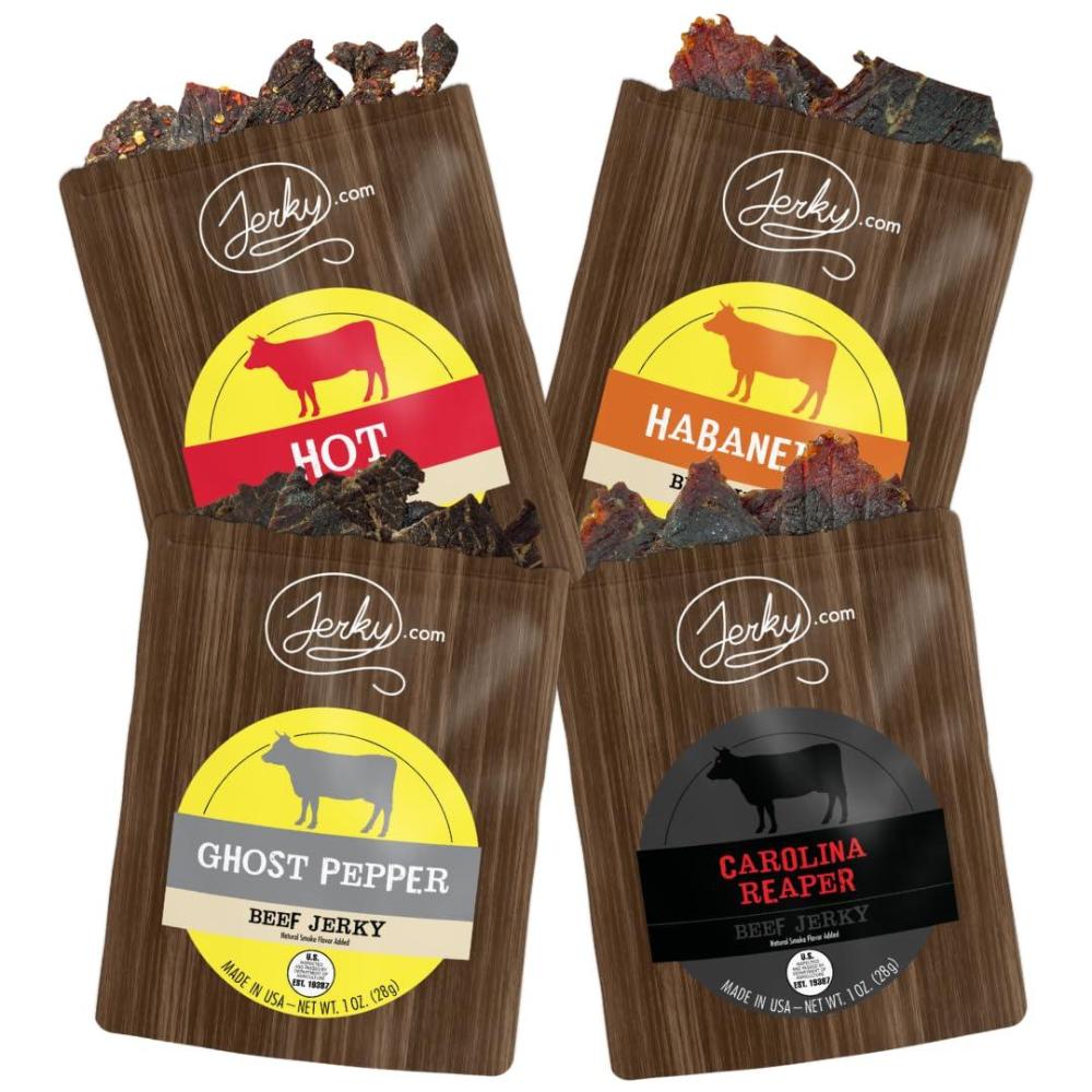 image:imageJerkycom Beef Jerky Combo Featuring Flavors Hot Teriyaki Original Sweet amp Spicy Black Pepper Gourmet Snack Gift for Men 5 Flavors 25 oz bagsHot Jerky Sampler 4 Flavors 1 oz bags