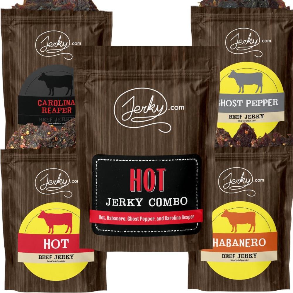image:imageJerkycom Beef Jerky Combo Featuring Flavors Hot Teriyaki Original Sweet amp Spicy Black Pepper Gourmet Snack Gift for Men 5 Flavors 25 oz bagsHot Jerky Combo 4 Flavors 25 oz bags