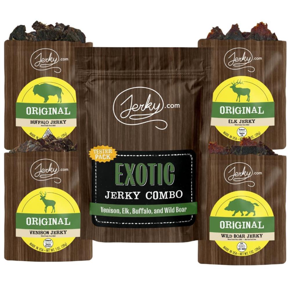 image:imageJerkycom Exotic Jerky Variety Pack 4pc Wild Game Snacks Sampler with Venison Elk Buffalo amp Wild Boar High Protein Keto Exotic Jerky Gifts for Men Gifts for Men amp HuntersExotic Jerky Tester Pack 1 oz bags