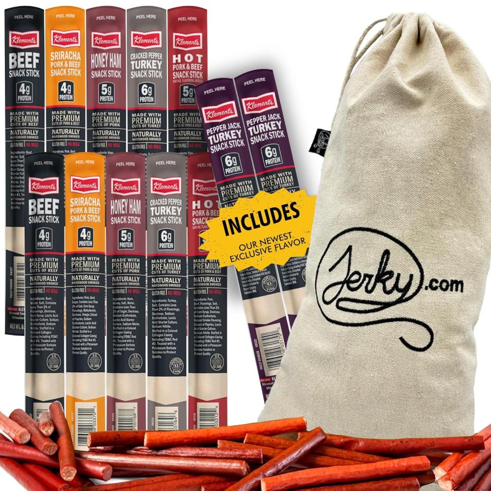 image:imageJerkycom Jerky Gifts for Men 12 Piece Meat Sticks Sampler with Beef Sticks Pork Ham Sriracha Turkey High Protein Low Carb Keto Friendly Beef Jerky Snack Pack Birthday Day Gifts for Men12 Piece Gift Bag