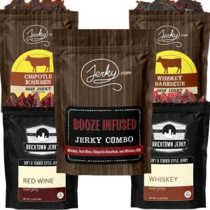 Jerky.com Beef Jerky Combo – Featuring Flavors Hot, Teriyaki, Original, Sweet & Spicy, Black Pepper – Gourmet Snack Gift for Men (5 Flavors – 2.5 oz. bags)(Booze Jerky Combo (4 Flavors – 2.5 oz. bags))