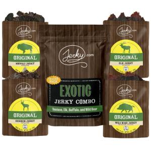 Jerky.com Exotic Jerky Variety Pack | 4pc Wild Game Snacks Sampler with Venison, Elk, Buffalo & Wild Boar | High Protein, Keto, Exotic Jerky Gifts for Men | Gifts for Men & Hunters(Exotic Jerky Tester Pack (1 oz. bags))