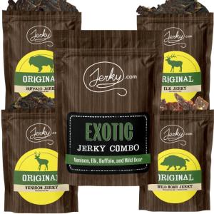 Jerky.com Exotic Jerky Variety Pack | 4pc Wild Game Snacks Sampler with Venison, Elk, Buffalo & Wild Boar | High Protein, Keto, Exotic Jerky Gifts for Men | Gifts for Men & Hunters(Exotic Jerky Combo (1.75 oz. bags))