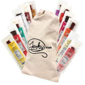 Jerky.com Exotic Meat Sticks Gift Bag | Wild Game Jerky Sampler with Venison, Elk & Wild Boar | 12pc High Protein Jerky Gift basket | Unique Birthday Gifts for Men(12 Piece Gift Bag)