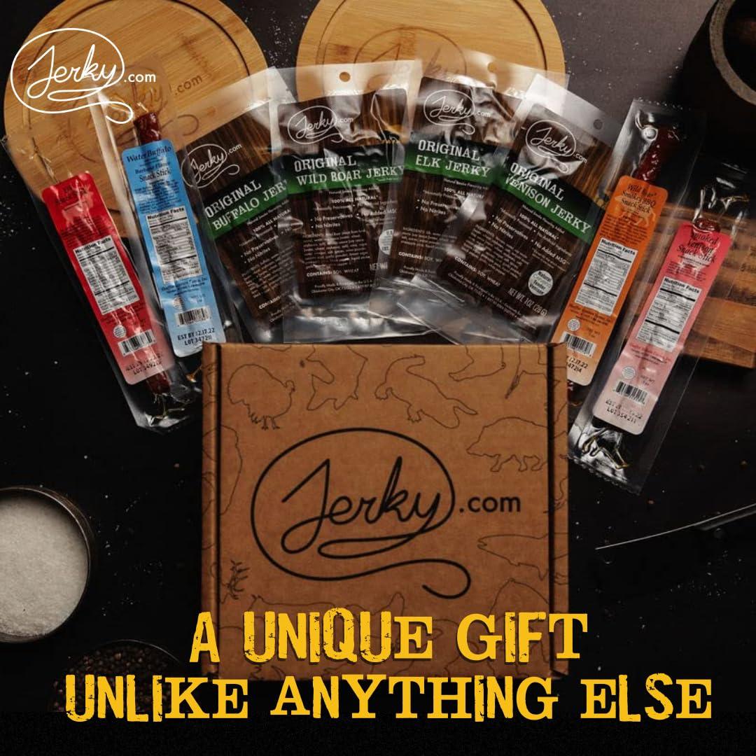 image:imageJerkycom Exotic Jerky Gift Box 8pc Wild Game Exotic Jerky Variety Pack with Venison Elk Wild Boar amp Buffalo High Protein Low Fat Keto Exotic Meat Snacks Jerky Gifts Birthday Gifts for Men8 Piece Exotic Gift Box