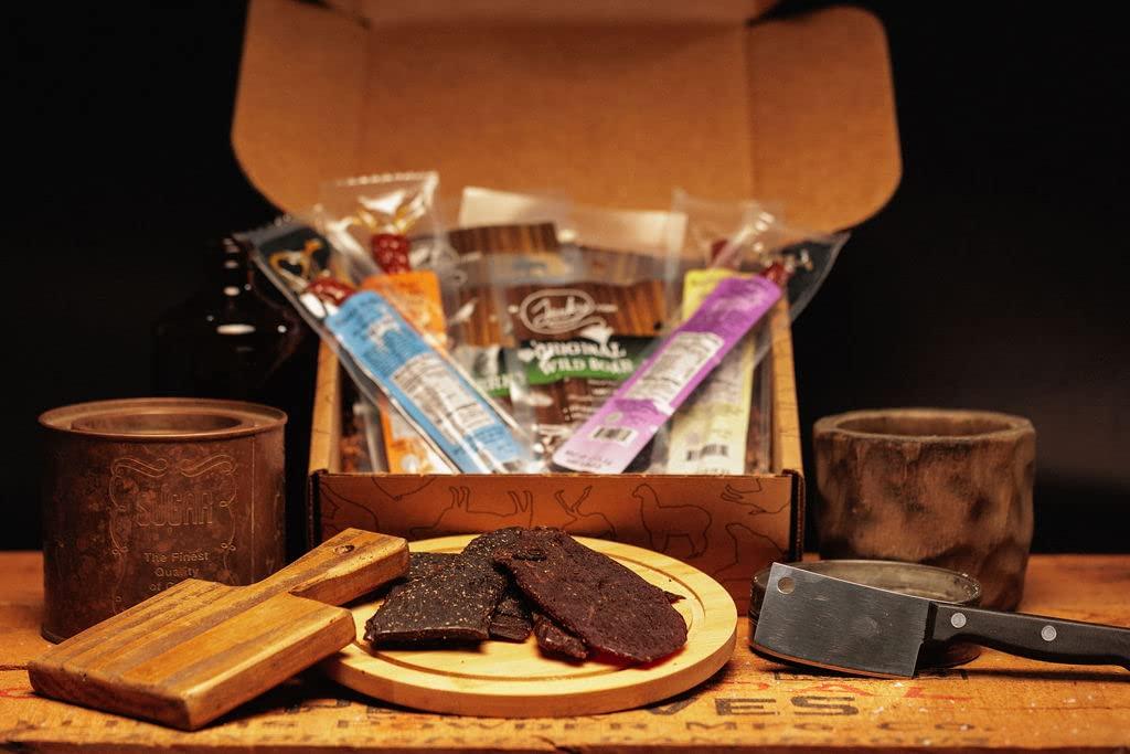image:imageJerkycom Exotic Jerky Gift Box 8pc Wild Game Exotic Jerky Variety Pack with Venison Elk Wild Boar amp Buffalo High Protein Low Fat Keto Exotic Meat Snacks Jerky Gifts Birthday Gifts for Men8 Piece Exotic Gift Box