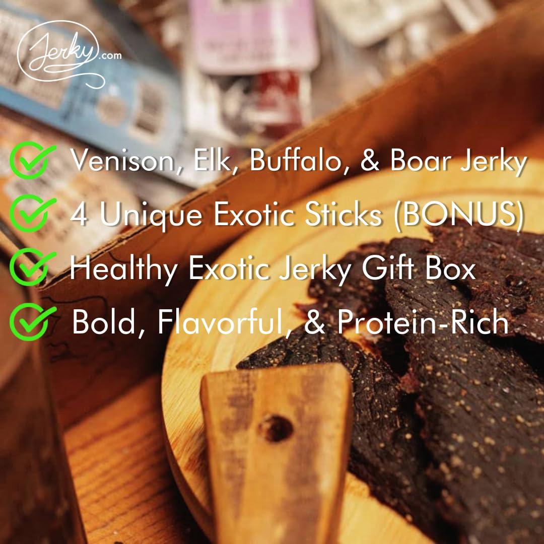 image:imageJerkycom Exotic Jerky Gift Box 8pc Wild Game Exotic Jerky Variety Pack with Venison Elk Wild Boar amp Buffalo High Protein Low Fat Keto Exotic Meat Snacks Jerky Gifts Birthday Gifts for Men8 Piece Exotic Gift Box
