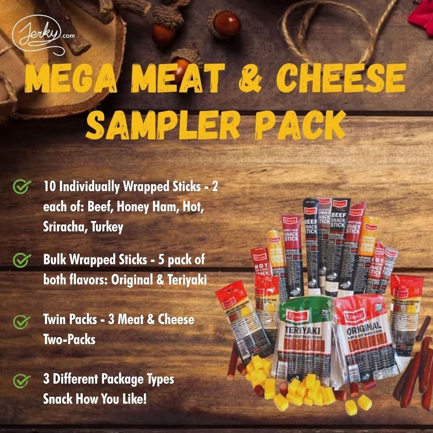 image:imageJerkycom Meat amp Cheese Sticks Sampler 26pc Meat Sticks Variety Pack with Beef Sticks Pork Turkey Ham amp Cheese High Protein GlutenFree Low Carb Meat Sticks individually wrapped Beef jerky Gift for MenMega Meat Cheese Sampler