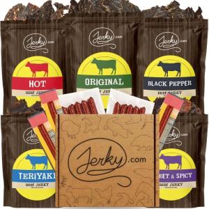 Jerky.com Exotic Jerky Gift Box | 8pc Wild Game Exotic Jerky Variety Pack with Venison, Elk, Wild Boar, & Buffalo | High Protein, Low Fat, Keto Exotic Meat Snacks Jerky Gifts | Birthday Gifts for Men(21 Piece Beef Gift Box)