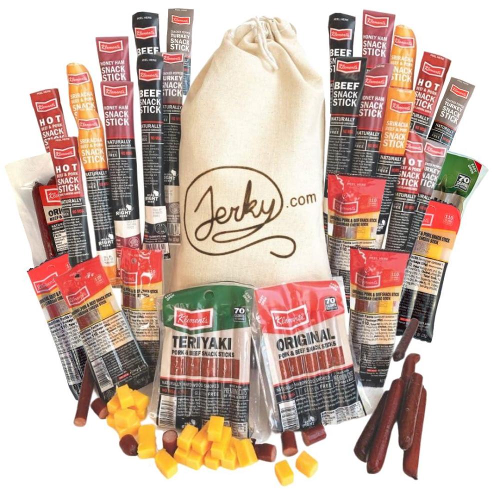 image:imageJerkycom XXL Beef Jerky amp Meat Sticks Variety Pack 52 Piece Gift Basket with Beef Sticks Pork Turkey Ham amp Cheese Over 2 lbs of High Protein Meat Snacks Jerky Gifts Birthday Gifts for Men52 Piece Gift Bag