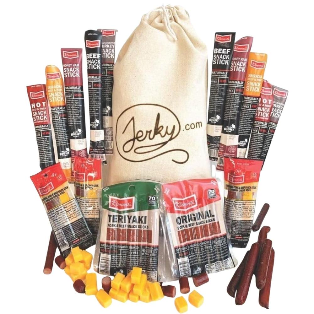 image:imageJerkycom XXL Beef Jerky amp Meat Sticks Variety Pack  52 Piece Gift Basket with Beef Sticks Pork Turkey Ham amp Cheese  Over 2 lbs of High Protein Meat Snacks Jerky Gifts  Birthday Gifts for Men26 Piece Gift Bag