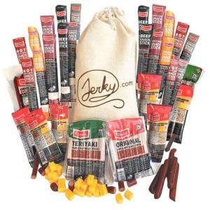 Jerky.com XXL Beef Jerky & Meat Sticks Variety Pack | 52 Piece Gift Basket with Beef Sticks, Pork, Turkey, Ham & Cheese | Over 2 lbs of High Protein Meat Snacks Jerky Gifts | Birthday Gifts for Men(52 Piece Gift Bag)