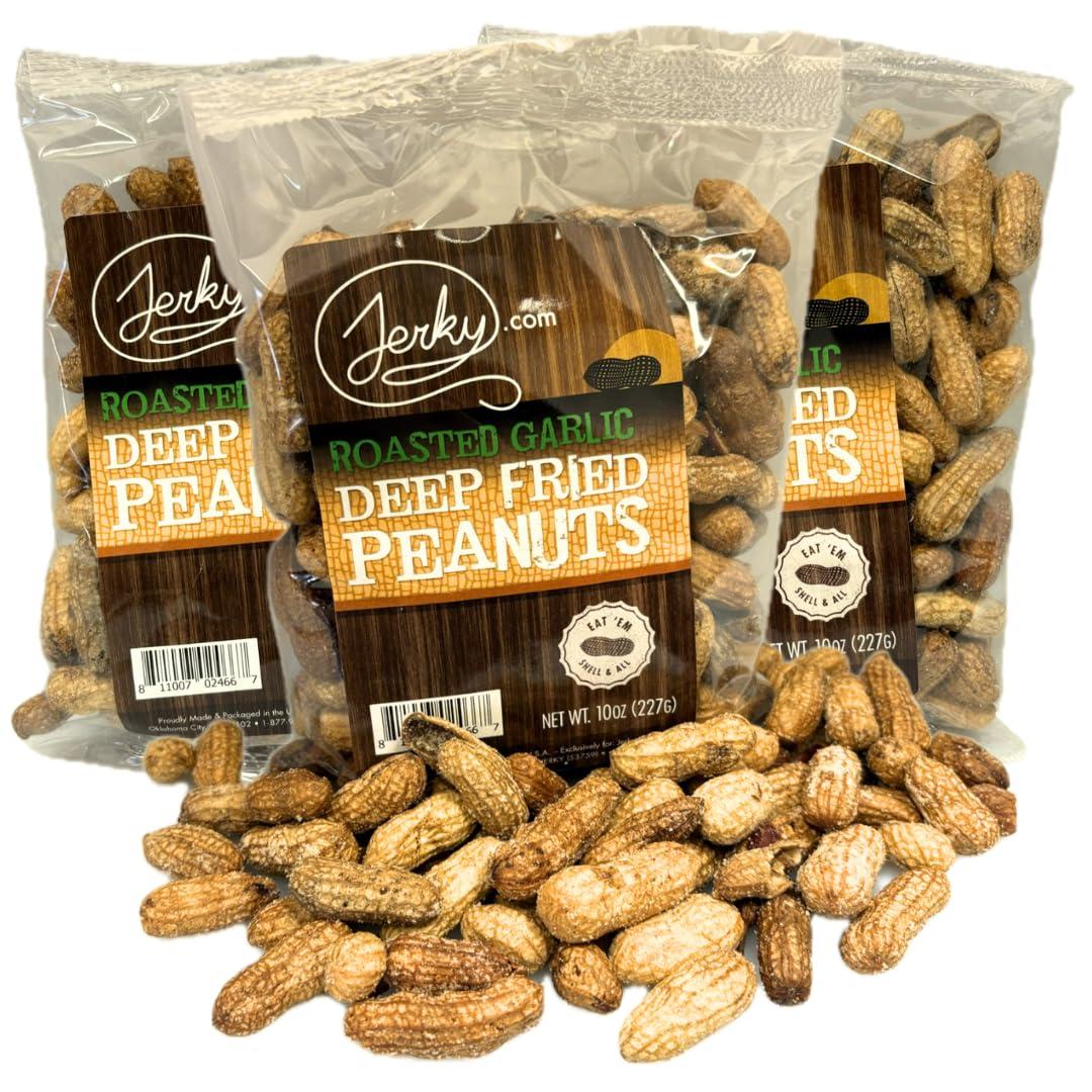 image:imageJerkycom Deep Fried Peanuts in Shell Sampler 3 Pack Gourmet Flavors Include Salted Roasted Garlic Spicy Hot Peanuts in Shell for Human USA Grown Perfect Snack Food 30oz TotalRoasted Garlic