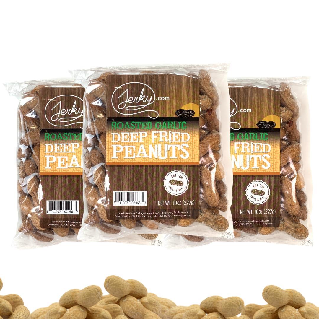image:imageJerkycom Deep Fried Peanuts in Shell Sampler 3 Pack Gourmet Flavors Include Salted Roasted Garlic Spicy Hot Peanuts in Shell for Human USA Grown Perfect Snack Food 30oz TotalRoasted Garlic