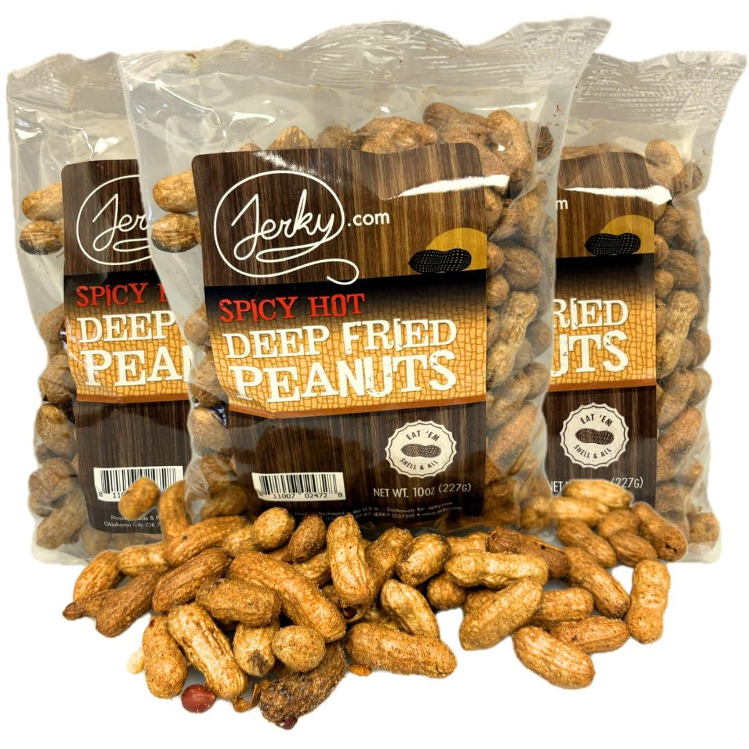image:imageJerkycom Deep Fried Peanuts in Shell Sampler 3 Pack Gourmet Flavors Include Salted Roasted Garlic Spicy Hot Peanuts in Shell for Human USA Grown Perfect Snack Food 30oz TotalSpicy Hot