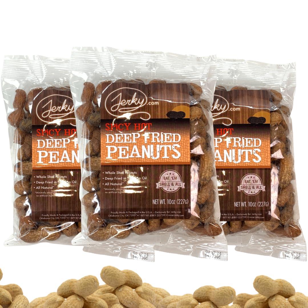 image:imageJerkycom Deep Fried Peanuts in Shell Sampler 3 Pack Gourmet Flavors Include Salted Roasted Garlic Spicy Hot Peanuts in Shell for Human USA Grown Perfect Snack Food 30oz TotalSpicy Hot