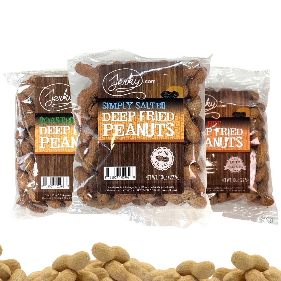 image:imageJerkycom Deep Fried Peanuts in Shell Sampler 3 Pack Gourmet Flavors Include Salted Roasted Garlic Spicy Hot Peanuts in Shell for Human USA Grown Perfect Snack Food 30oz TotalTester Pack 3 Flavors