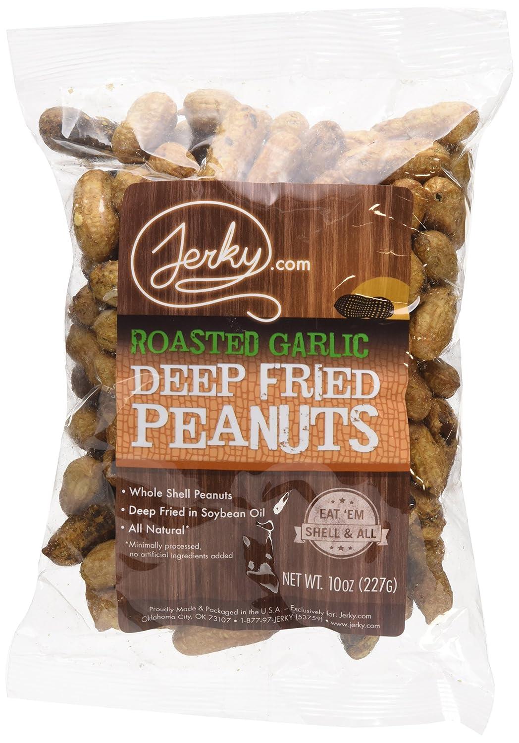 image:imageJerkycom Deep Fried Peanuts in Shell Sampler 3 Pack Gourmet Flavors Include Salted Roasted Garlic Spicy Hot Peanuts in Shell for Human USA Grown Perfect Snack Food 30oz TotalRoasted Garlic