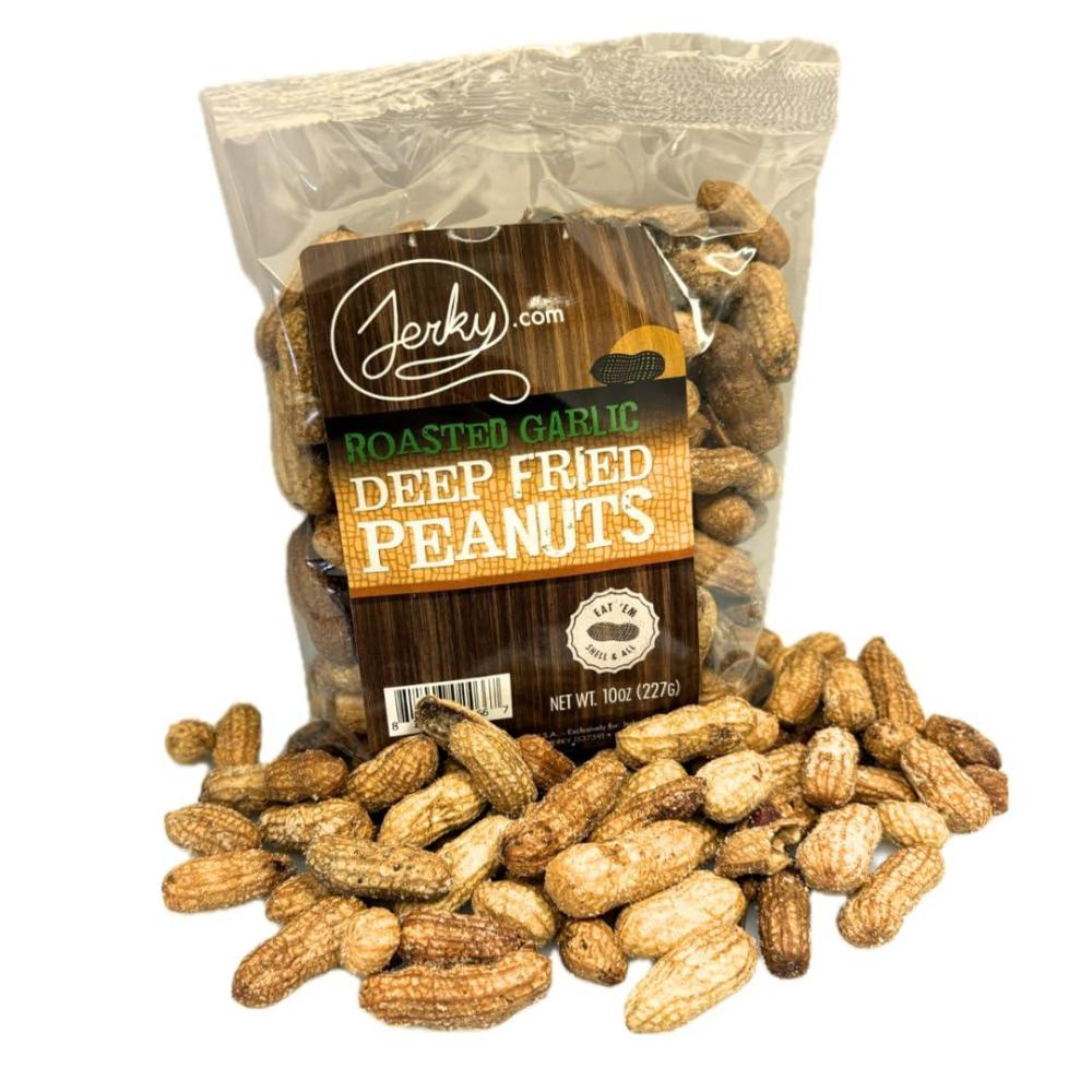 image:imageJerkycom Deep Fried Peanuts in Shell Sampler 3 Pack Gourmet Flavors Include Salted Roasted Garlic Spicy Hot Peanuts in Shell for Human USA Grown Perfect Snack Food 30oz TotalRoasted Garlic