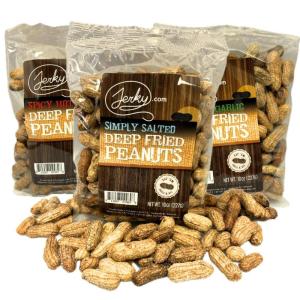 Jerky.com Deep Fried Peanuts in Shell Sampler 3 Pack – Gourmet Flavors Include Salted, Roasted Garlic, Spicy Hot – Peanuts in Shell for Human – USA Grown, Perfect Snack Food (30oz Total)(Tester Pack (3 Flavors))