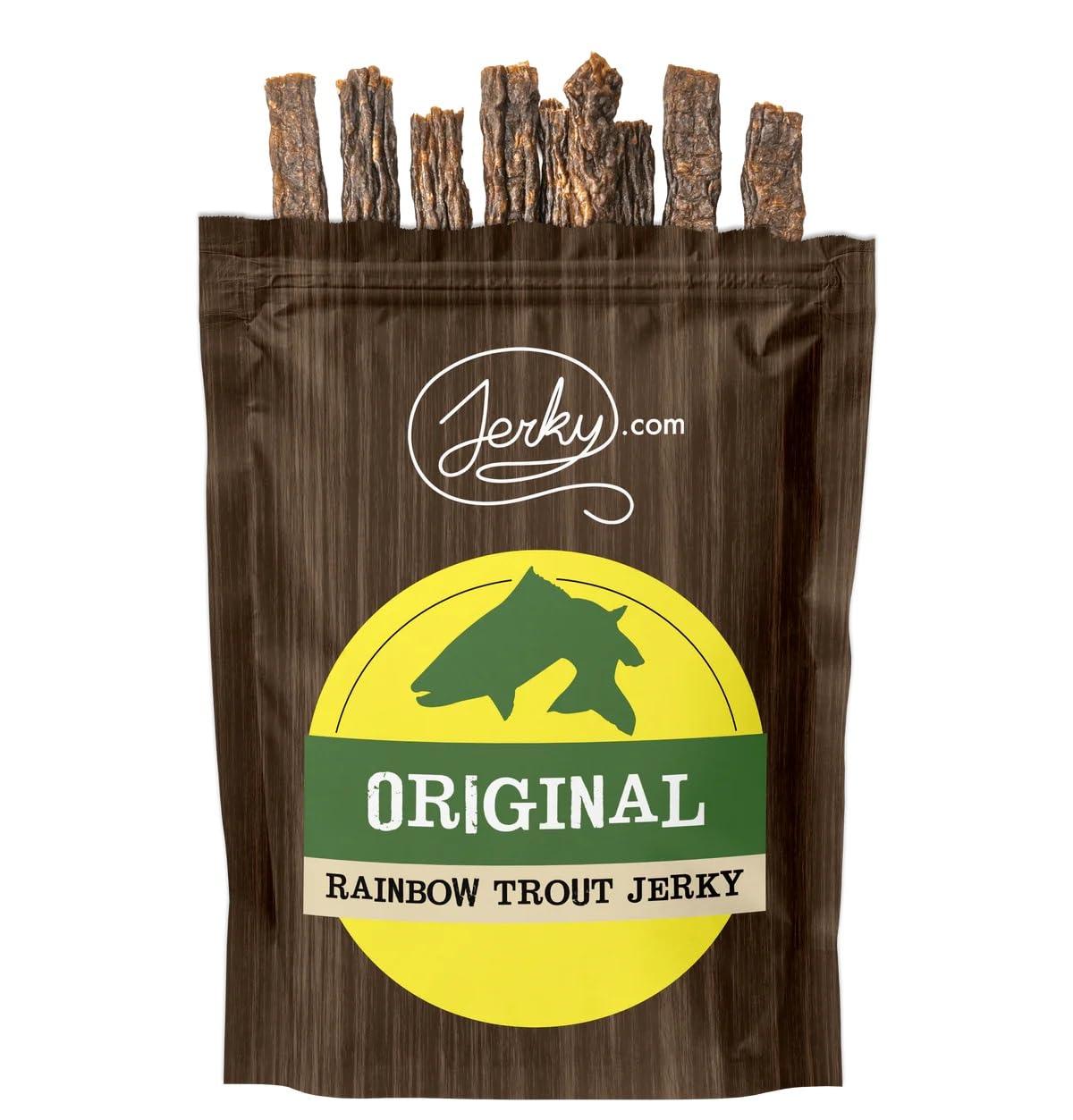 image:imageOriginal All Natural Rainbow Trout Jerky The Freshest and Best Trout Jerky on the Market 100 Whole Muscle Rainbow Trout No Added Preservatives No Added Nitrates and No Added MSG 175 oz bagTester Pack All 3 Flavors