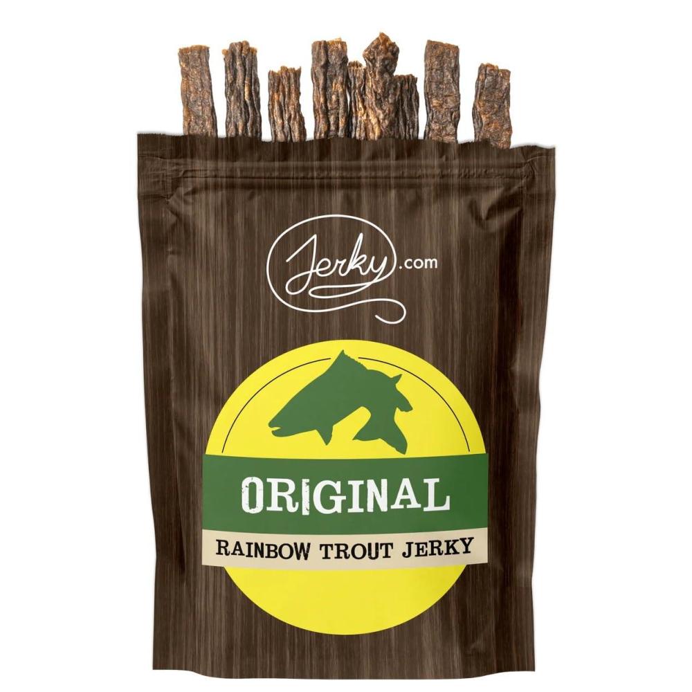 image:imageOriginal All Natural Rainbow Trout Jerky The Freshest and Best Trout Jerky on the Market 100 Whole Muscle Rainbow Trout No Added Preservatives No Added Nitrates and No Added MSG 175 oz bagRainbow Trout